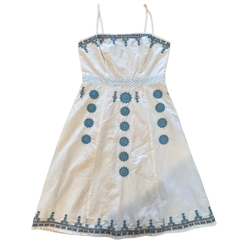 LOFT Ivory and Teal Embroidered Mini Dress
